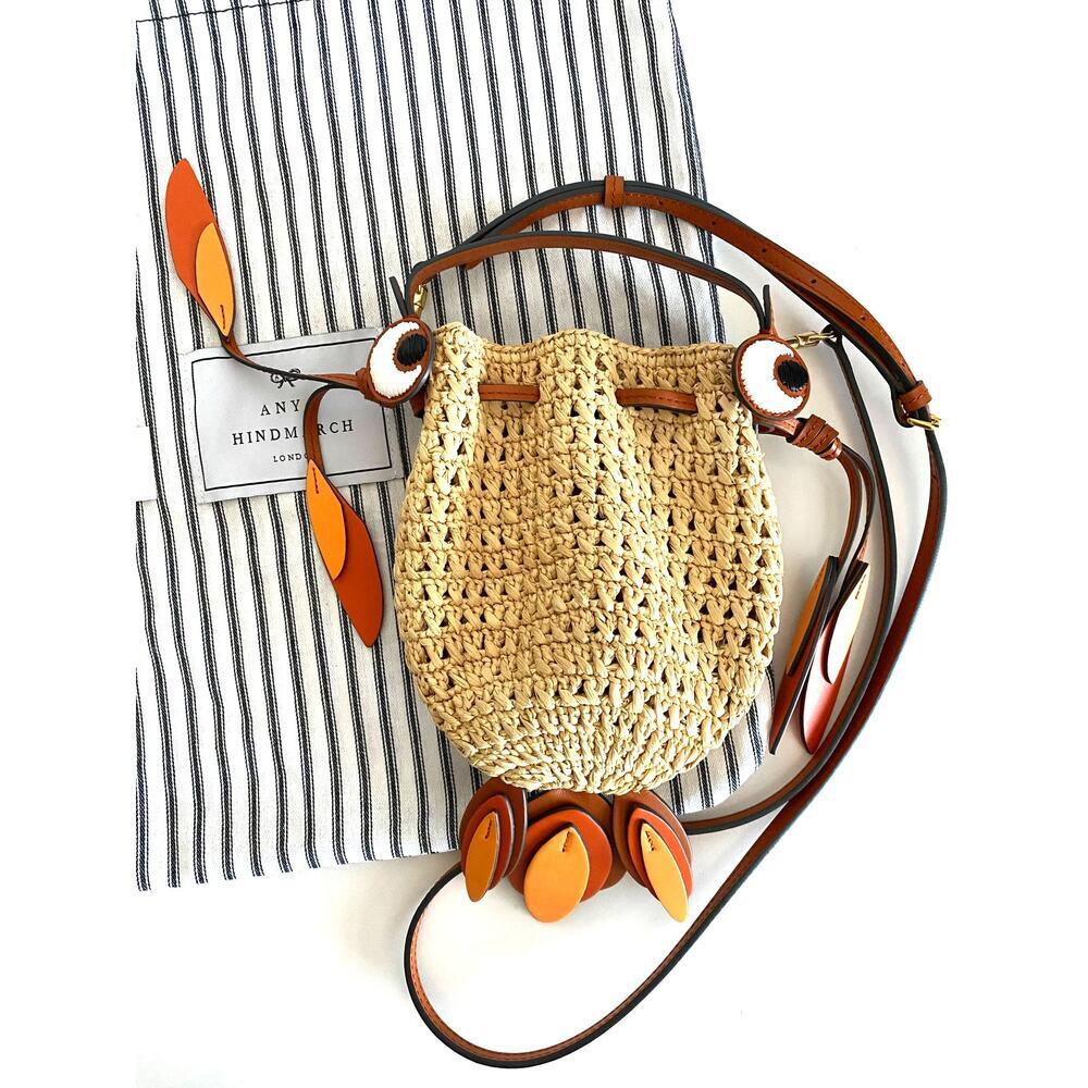 Anya Hindmarch Natural Raffia Goldfish Leather Cross Body Mini Bag Orange